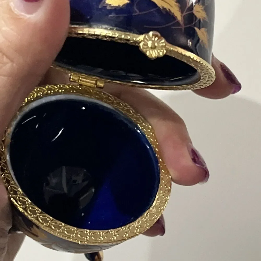 Cobalt Blue Porcelain Egg Trinket Box Footed with Floral Decoration